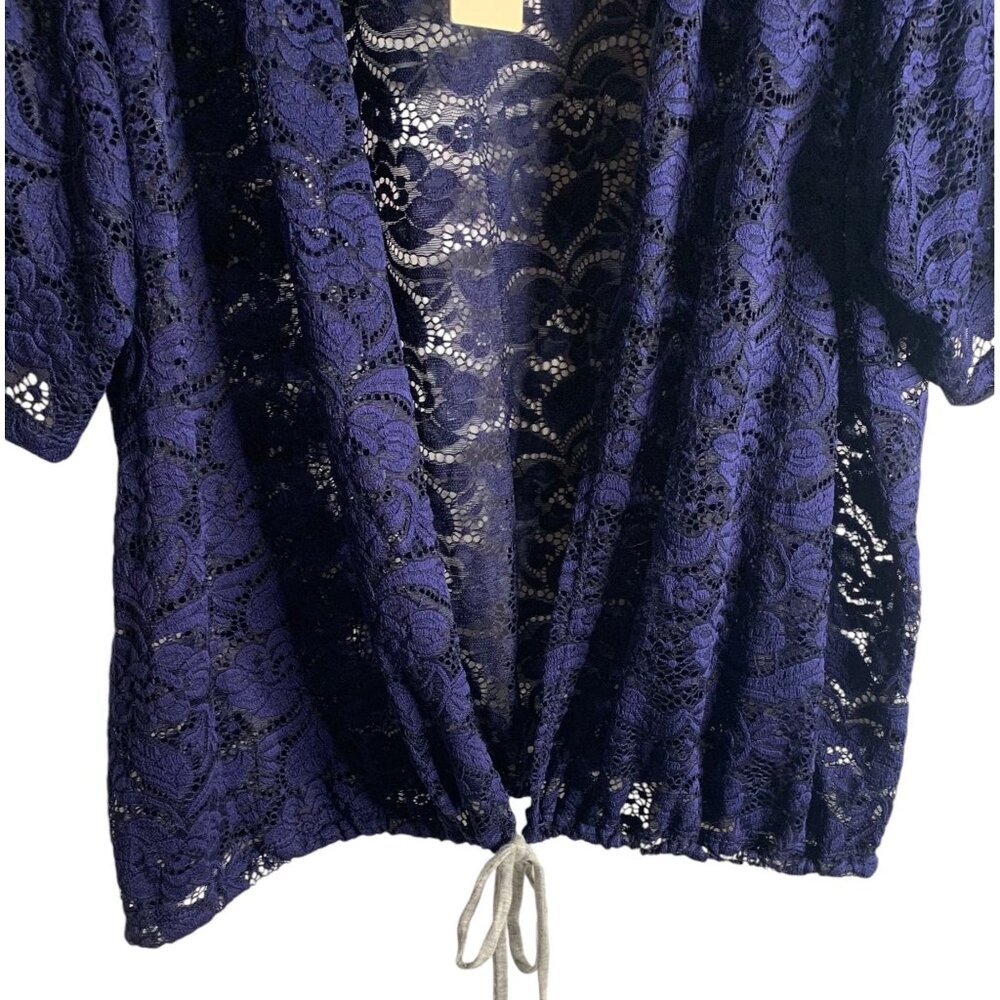 •SOLD•H.I.P. Navy Blue & Gray Lace Drawstring Hem Open Front Women's Kimono 1X - Picture 5 of 8